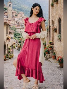 Anthropologie NWT Daily Practice Pink Ruffled Midi Dress Size XS.